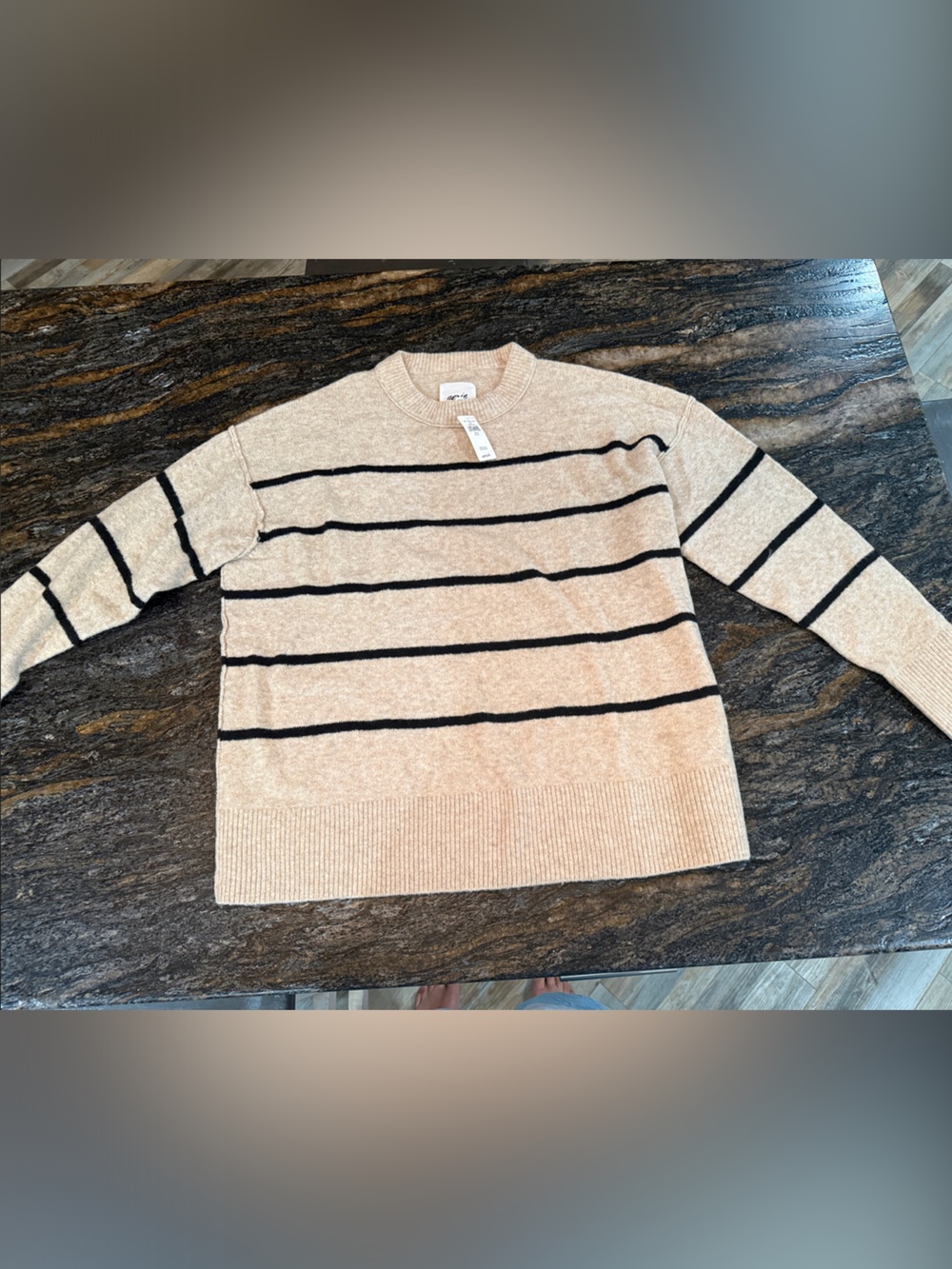 aerie Men’s Beige and Black Striped Crewneck Sweater
